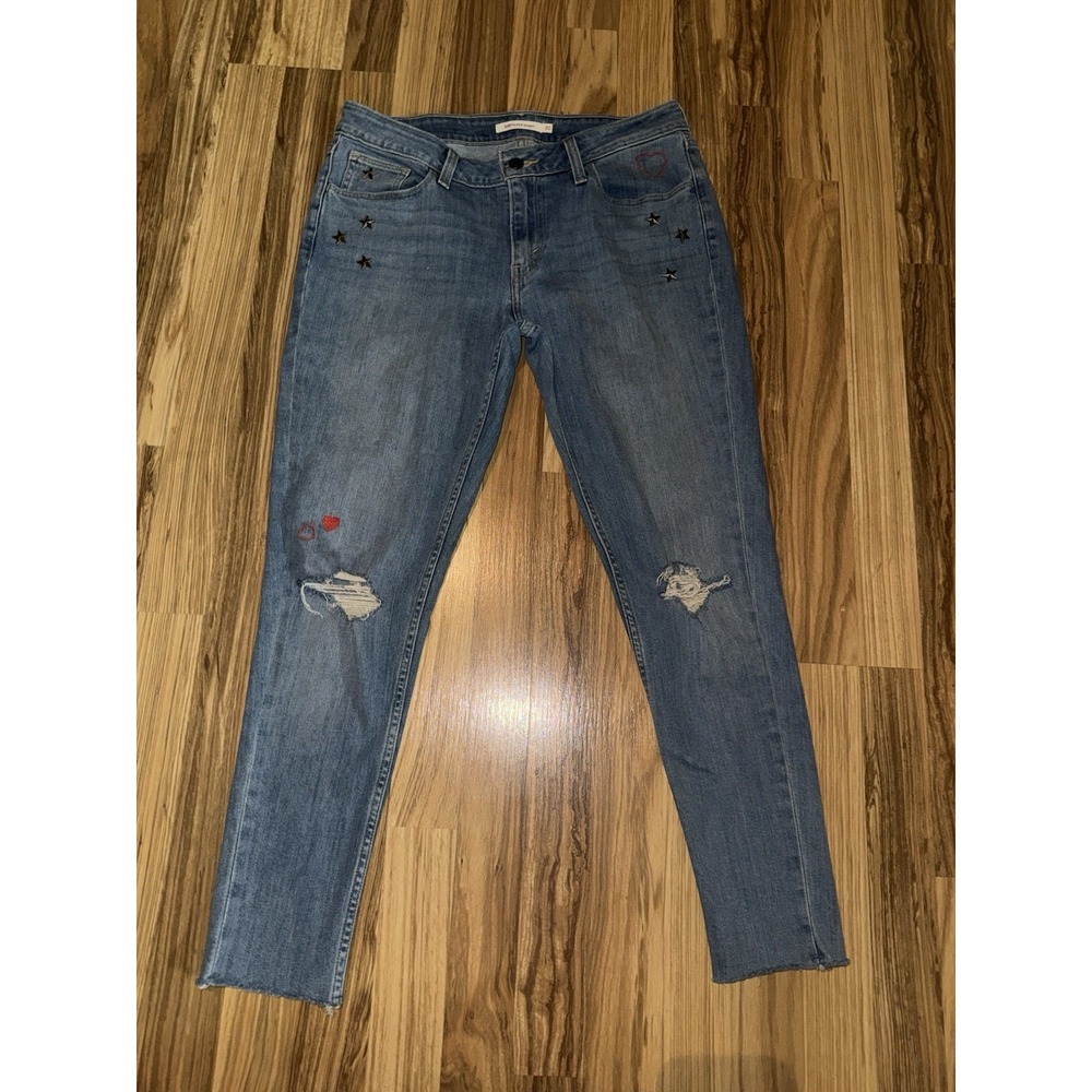 Levi's 535 Super Skinny Jeans Womens Sz 30 Blue Denim Stars Accents Artsy Art